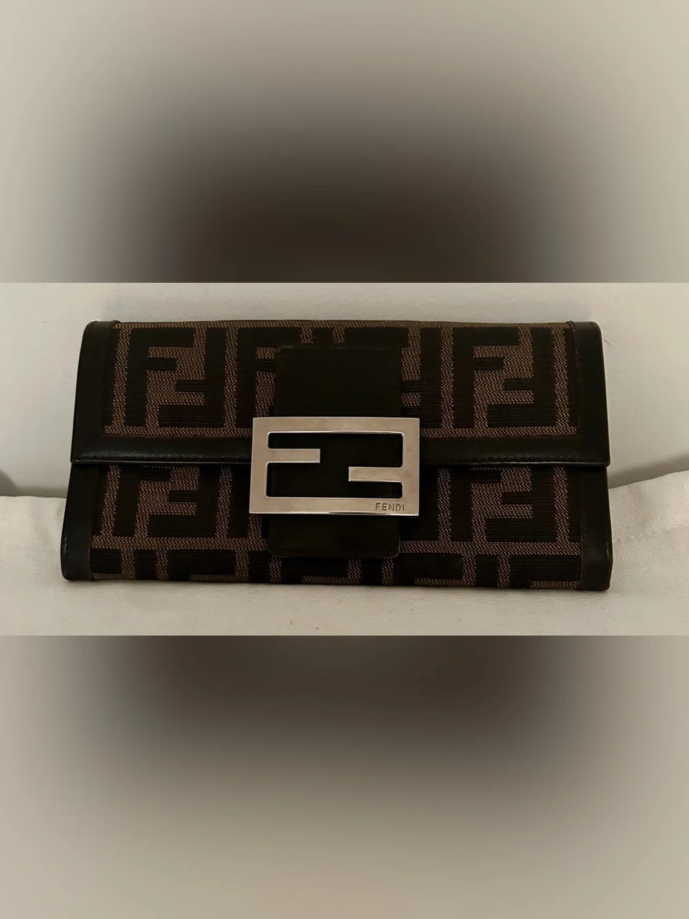 Fendi Brown and Black FF Logo Canvas Clutch with Silver F Buckle - Picture 2 of 10